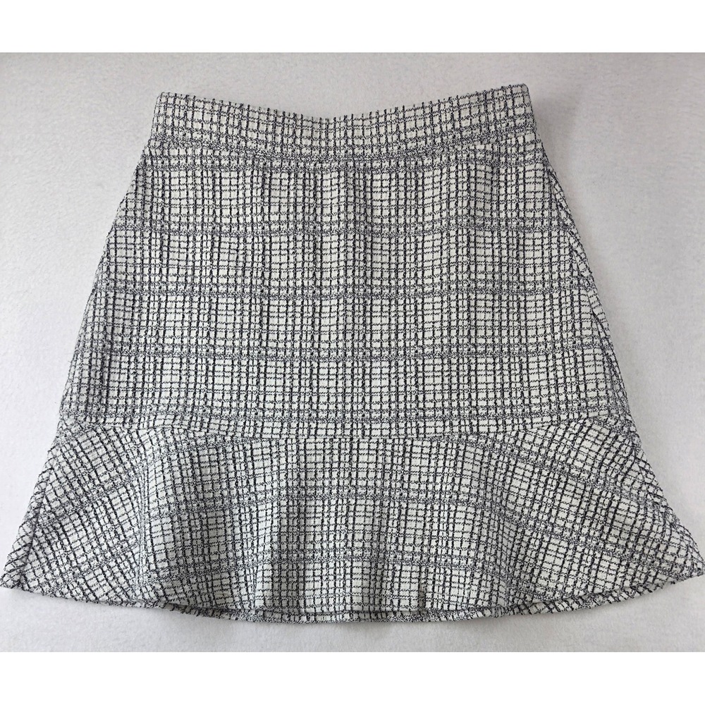 LOFT Womens Black White Windowpane Plaid Flounce Hem Knit Mini Skirt XS
